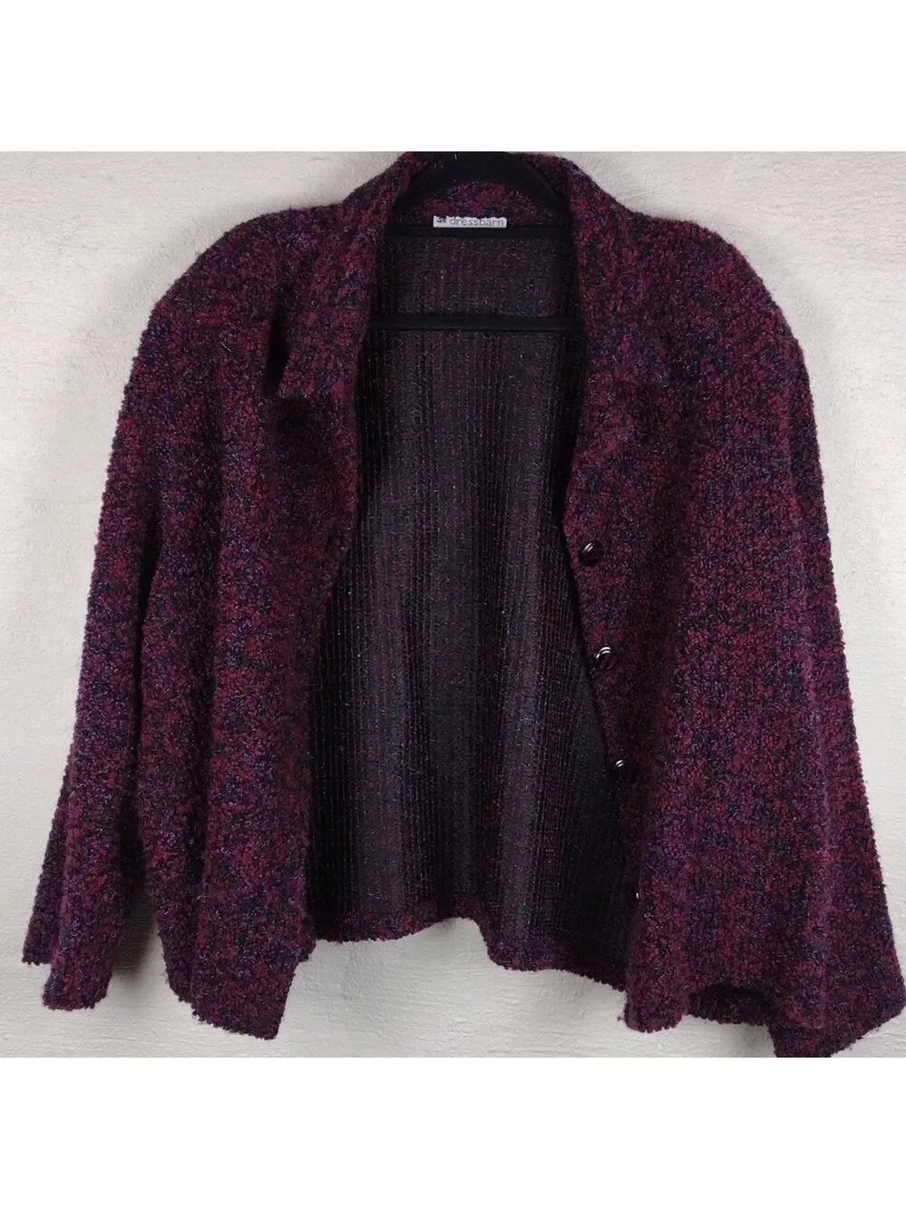 Dressbarn Woman Burgundy Knit  Collared Long Sleeve Button Up Cardigan Jacket
